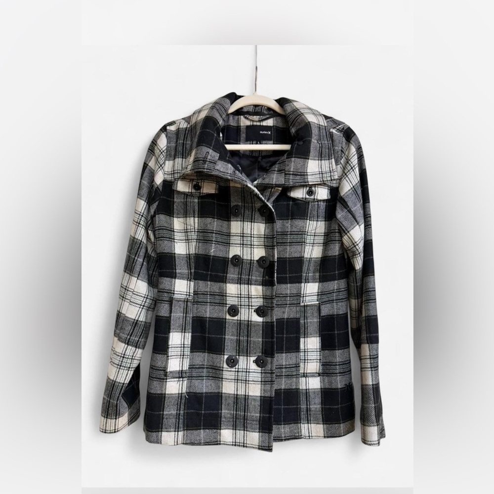 Hurley Black and White Plaid Pea Coat